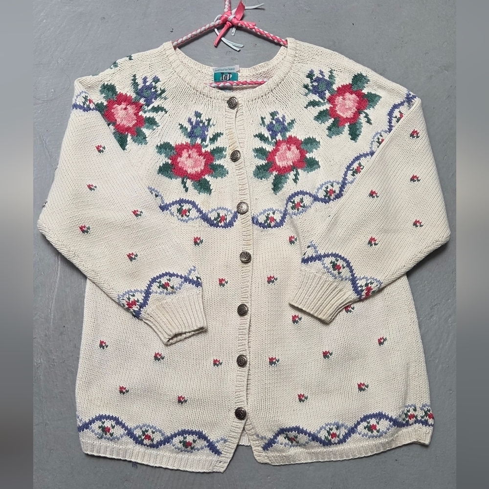 Vintage Tat Floral Hand Knitted Open Cardigan Coastal Sweater Sz L Ramie Blend - Picture 7 of 10